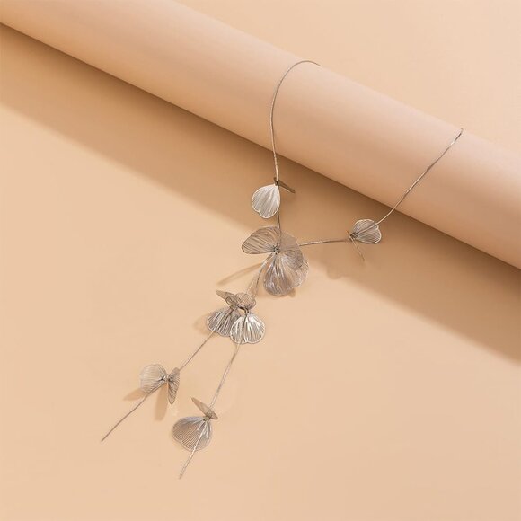 Women's Silver Ginkgo Leaves Choker Statement Long Tassel Beachy Party Necklace - Picture 6 of 9